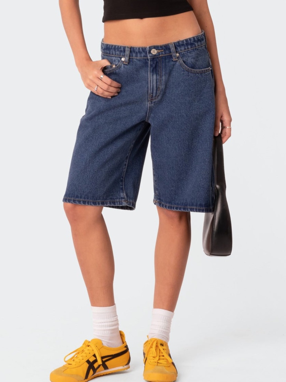 Edikted Oversized Low Rise Denim Bermuda Shorts Medium Dark Blue Wash